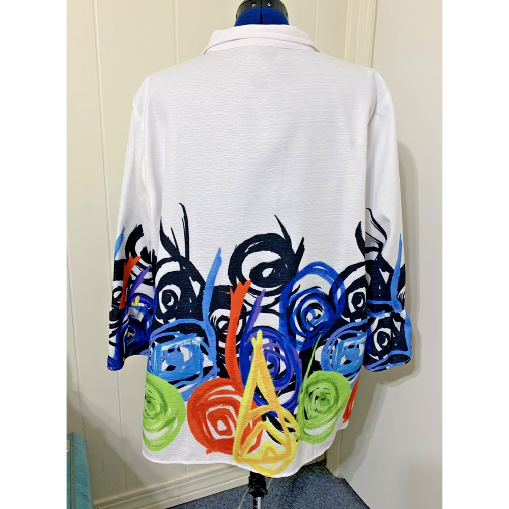 Ali Miles 2XL Women's Collared Top Abstract Pattern Ruffled Sleeve Art to Wear - Picture 3 of 10